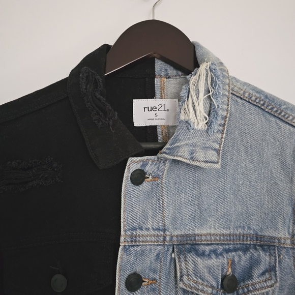 Rue 21 Unisex Small Destressed Color Block Black & Blue 100% Cotton Demin Jacket - Picture 9 of 13